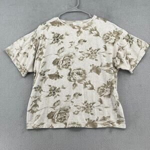 Vtg Express Tricot Shirt Women M Beige Floral Rose Linen Cottagecore 90s Vanilla